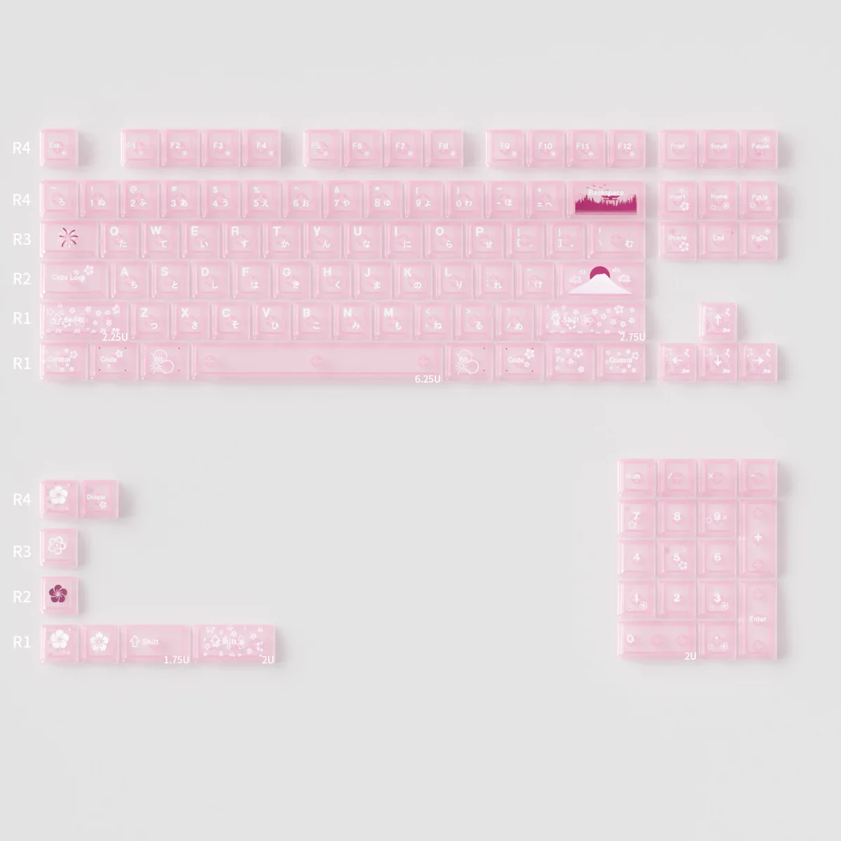 Spring Bloom Keycap Set (PC version) with delicate blossoms and a luminous, serene finish, embodying spring harmony.