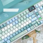 Elegant Spring Notes PBT dye-sublimation keycaps set, showcasing delicate design and soft pastel hues from multiple angles. This artistic color setup.