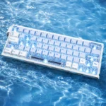 Spring Tide Ocean Island PBT side-engraved backlit keycaps. Multiple detailed views showcase spring tide hues, glowing legends, and durable PBT.