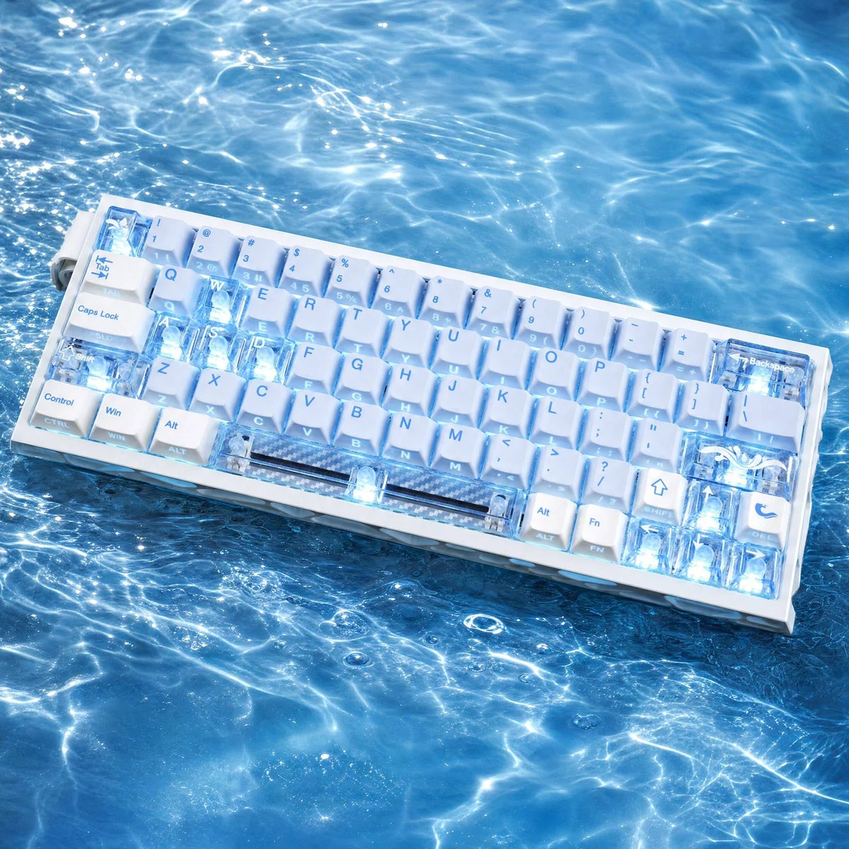 Spring Tide Ocean Island PBT side-engraved backlit keycaps. Multiple detailed views showcase spring tide hues, glowing legends, and durable PBT.