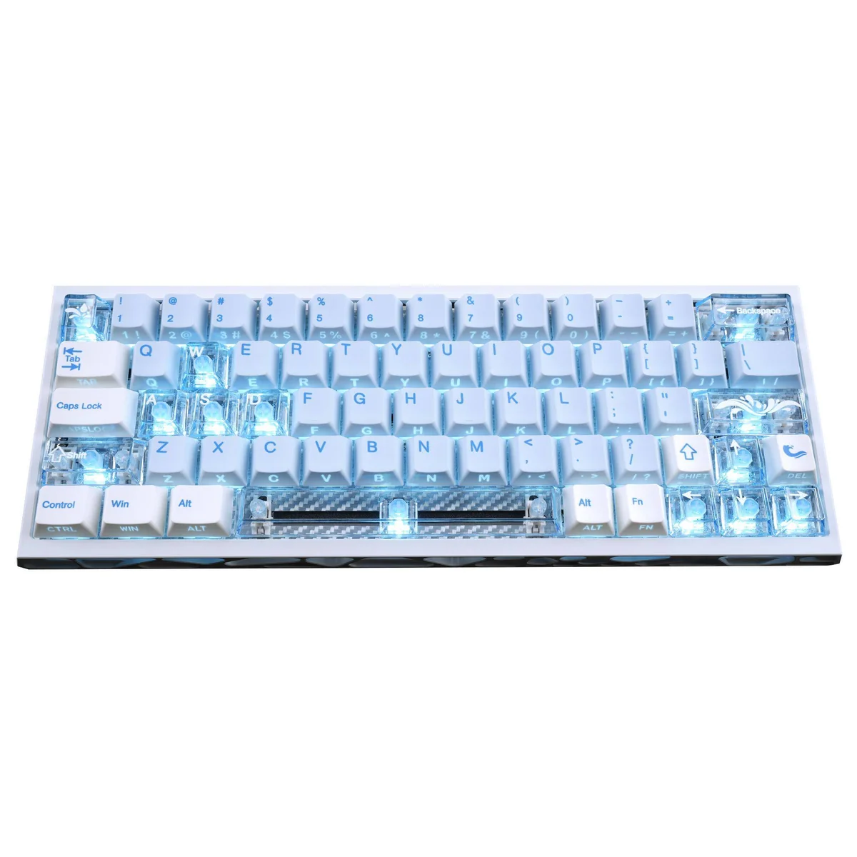 Spring Tide Ocean Island PBT side-engraved backlit keycaps. Gallery shows serene spring tide hues, glowing minimalist legends, oceanic tranquility.