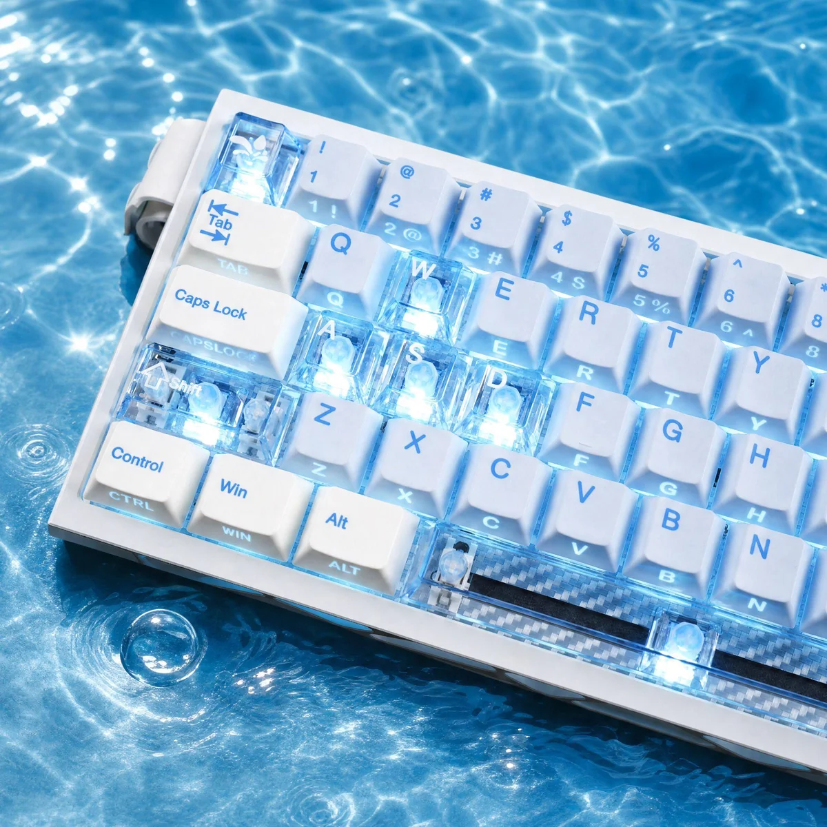 Spring Tide Ocean Island PBT keycaps from multiple views, highlighting side-engraved legends, tranquil spring tide hues, and subtle backlit glow.