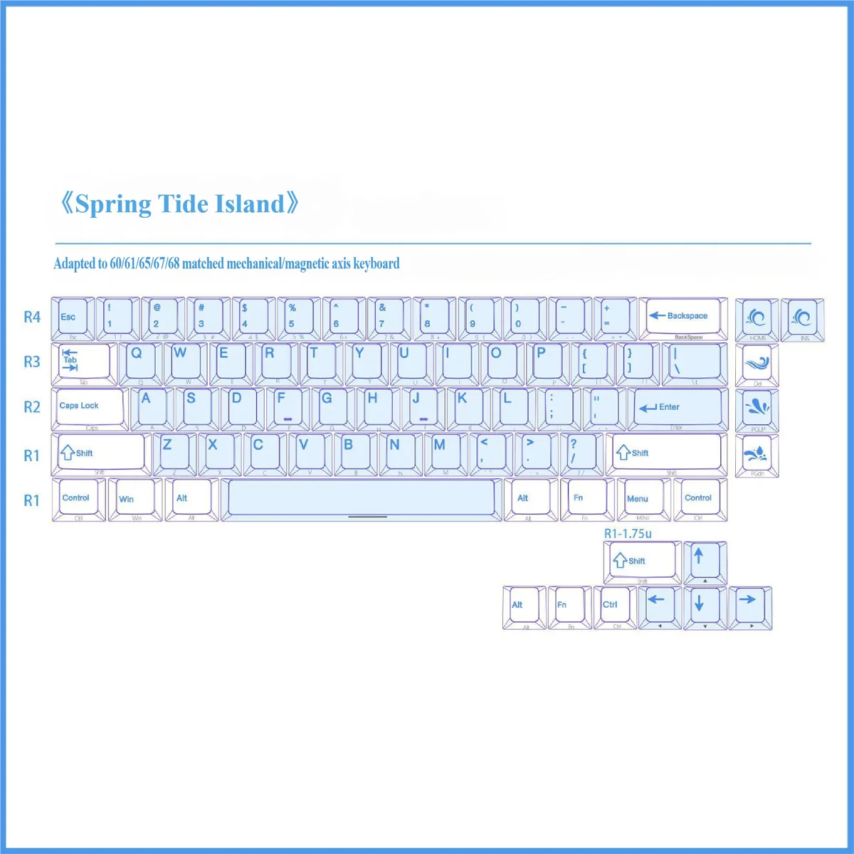 Artistic Spring Tide Ocean Island PBT side-engraved backlit keycaps. See tranquil oceanic hues and glowing legends from multiple angles.