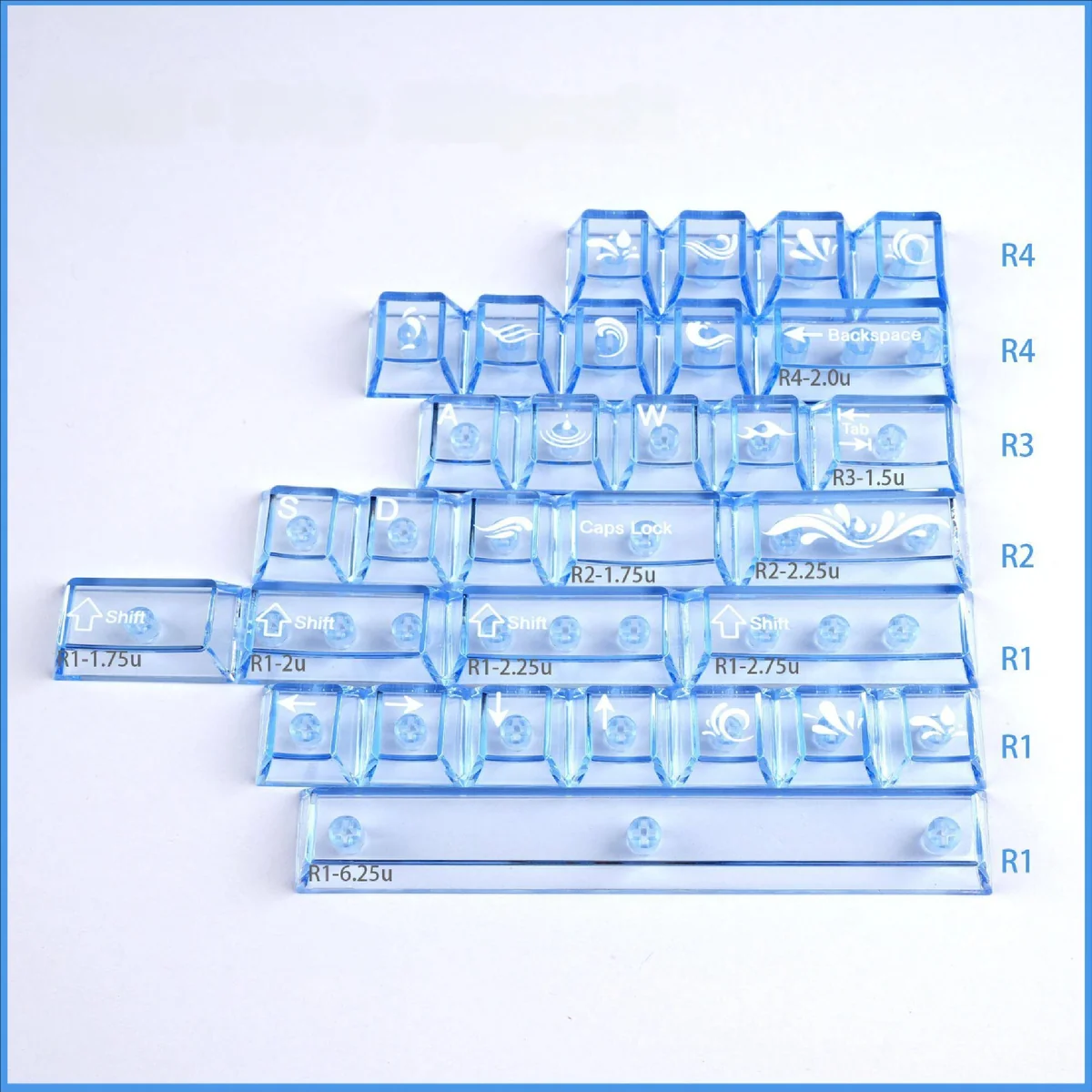 Spring Tide Ocean Island 74-key PBT keycaps with side-engraved, backlit legends, showcasing tranquil spring tide hues for 60/65/68 layouts.