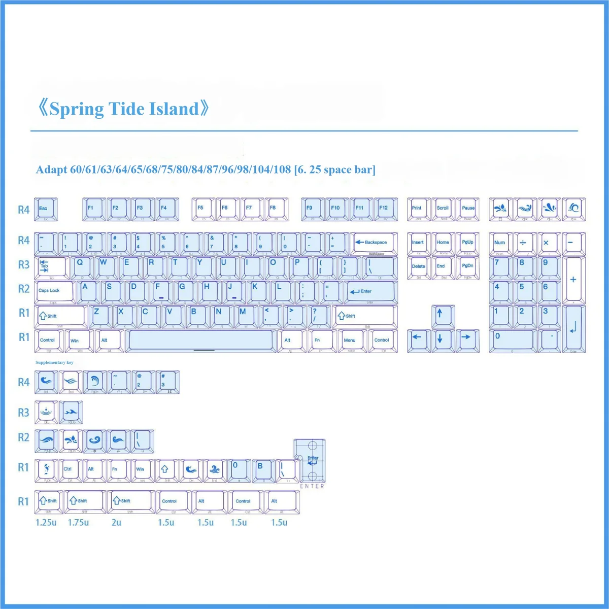 Spring Tide Ocean Island PBT side-engraved backlit keycaps set for 64-key layouts, featuring serene oceanic hues and subtly glowing legends.