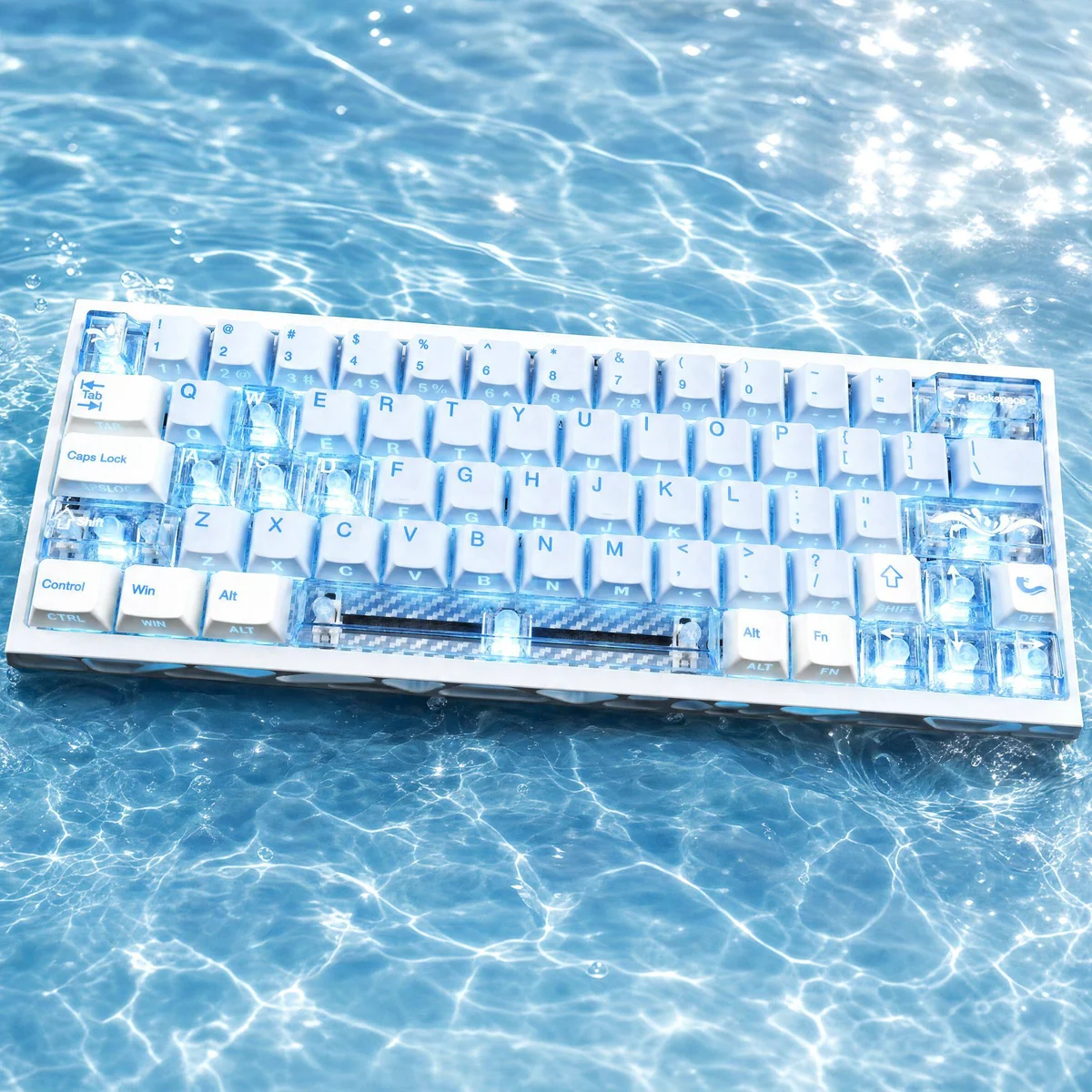 Spring Tide Ocean Island PBT side-engraved backlit keycaps glowing with serene ocean hues, showcasing minimalist legends for a tranquil keyboard.