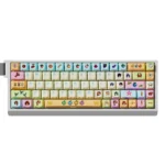 A collection of Stardew Valley themed side-lit PBT keycaps set, showcasing pixel art characters and rustic nature designs from various angles.