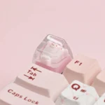 Whimsical Strawberry Bear Pizza artisan keycap, handcrafted from vibrant glossy resin, showcasing a playful bear enjoying pizza.