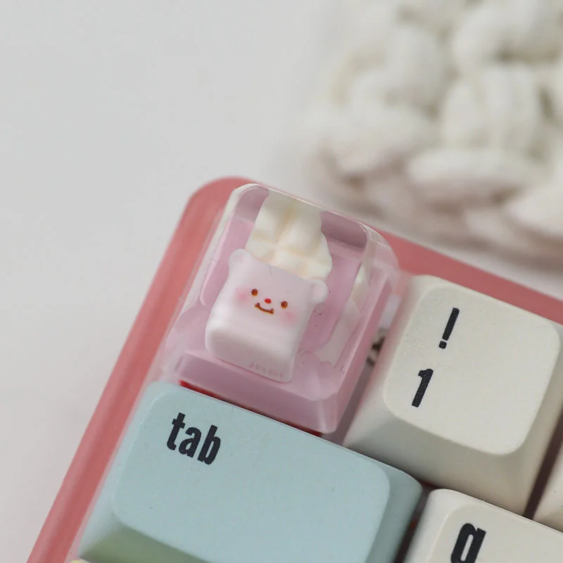 Adorable handcrafted Strawberry Butter Bear White Chocolate Artisan Resin Keycap, a sweet food-themed ESC keycap with vibrant details.