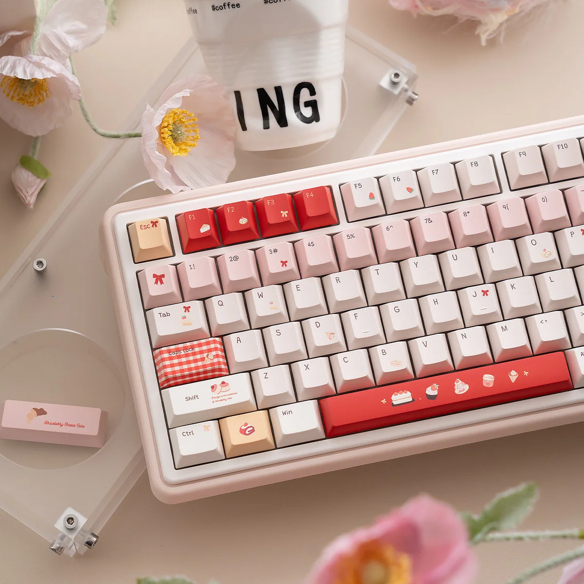 Sweet Strawberry Delight PBT dye-sub keycaps set, shown from various angles. Features durable pastel pink, red, and cream colors in a playful dessert.