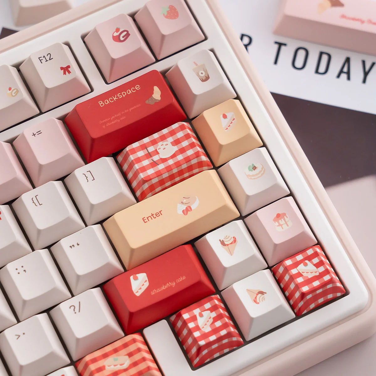Playful Strawberry Delight PBT dye-sub keycaps set, showcasing various angles with sweet pastel pinks and reds, highlighting durable quality.