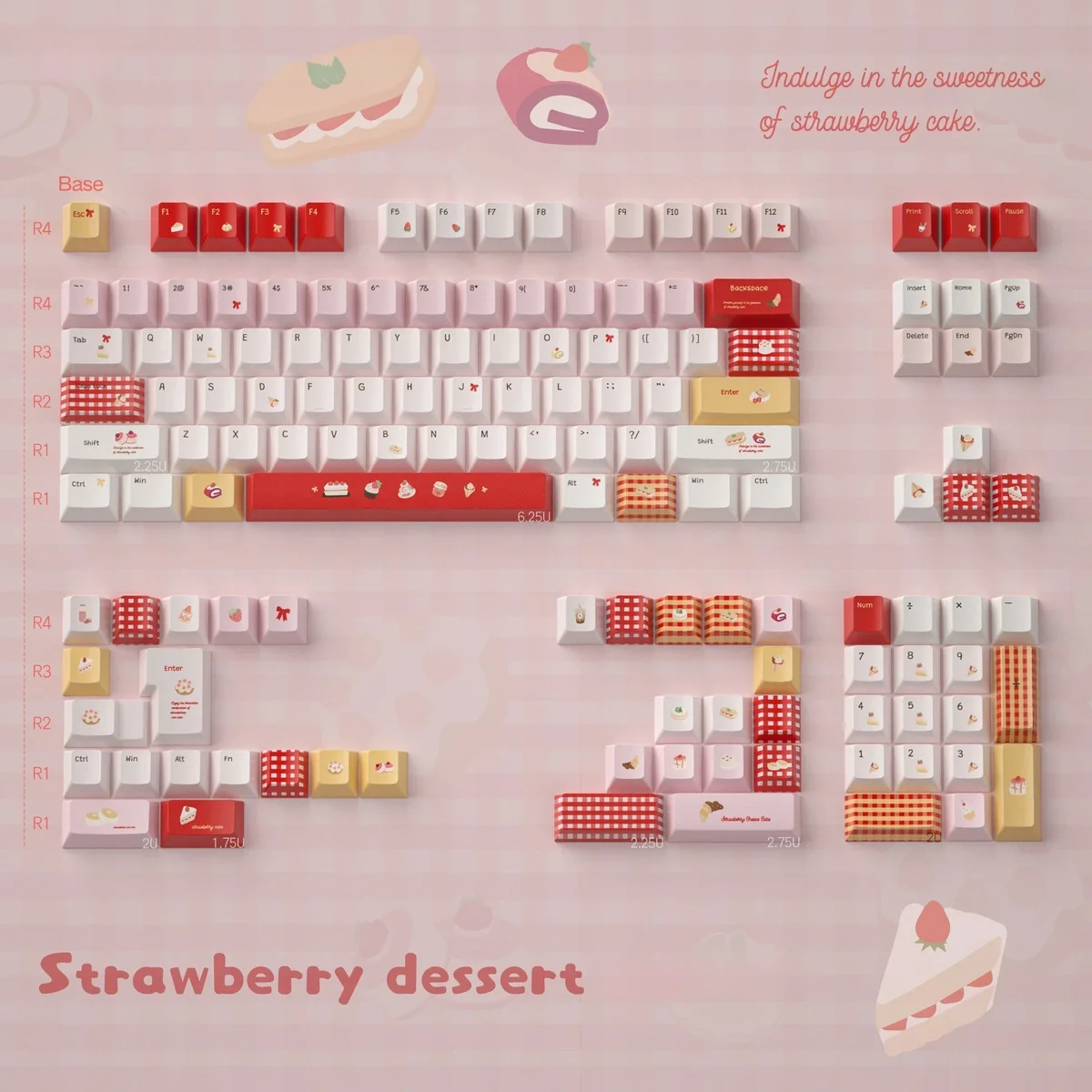 Strawberry Delight PBT dye-sub keycaps set, beautifully displayed from multiple angles, featuring sweet strawberry designs and durable pastel pink.
