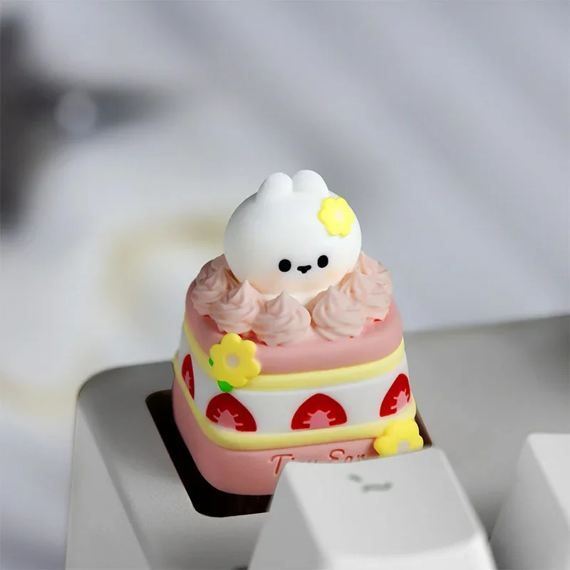 Adorable handcrafted strawberry mousse rabbit keycap for MX switches, showcasing a whimsical pastel dessert scene.