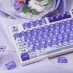 Multi-angle view of vibrant summer flower PBT+PC keycaps set. Lush designs with artistic shine-through evoke a serene summer field.
