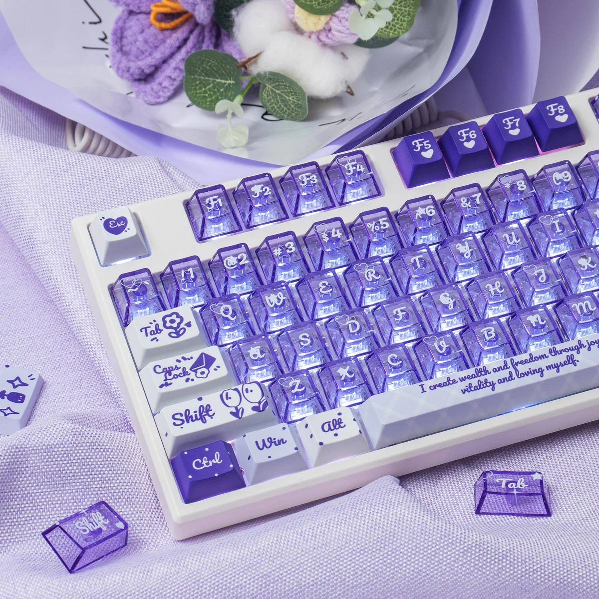 Multi-angle view of vibrant summer flower PBT+PC keycaps set. Lush designs with artistic shine-through evoke a serene summer field.