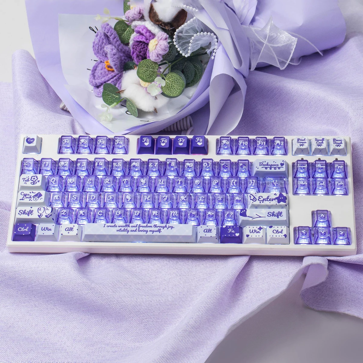 Vibrant PBT+PC summer flower keycaps set showcasing a serene field, designed for a peaceful, artistic keyboard aesthetic with shine-through.