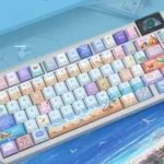 Explore multiple artistic angles of the Summer's Radiance PBT Keycap Set, highlighting its vibrant, side-printed backlit legends and refreshing summer design.