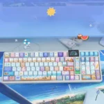 Vibrant Summer's Radiance PBT keycap set, side-printed and backlit, displayed on a keyboard, showcasing its refreshing, artistic summer aesthetic.
