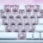A close-up view of the Sweetheart Sparkle Heart Supplement Keycap Set, showing charming translucent heart keycaps with a delightful sparkling finish from various angle.