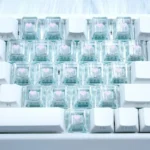 Charming translucent heart Supplement Keycap set in soft hues, showcasing sparkling details from various angles. A delightful and playful keyboard accessory.