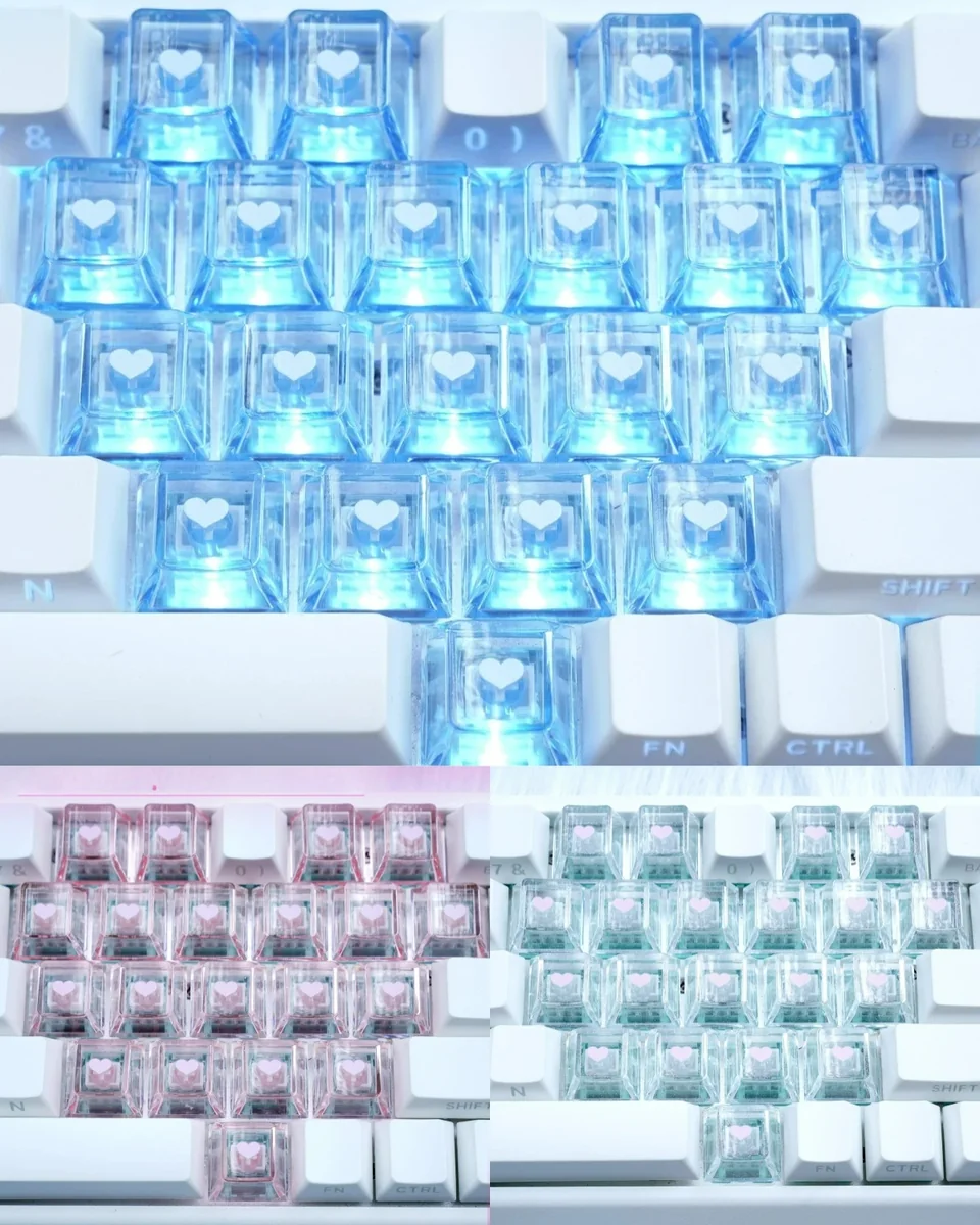 Charming Sweetheart Sparkle Heart Supplement Keycap Set showcasing translucent heart-shaped keycaps with a delightful sparkling finish in soft hues.