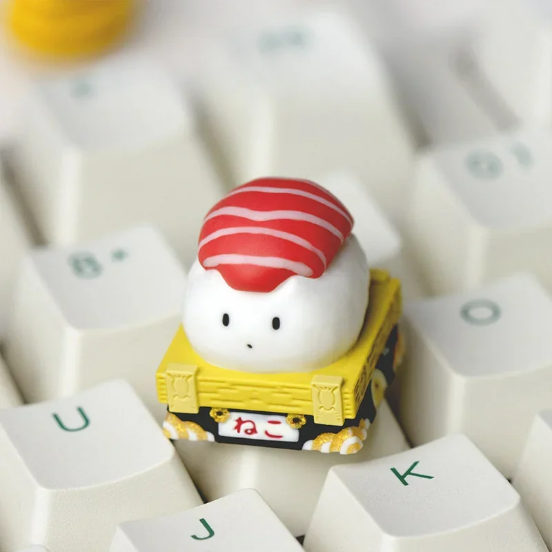 Artistic close-up of a vibrant handcrafted resin sushi cat artisan keycap for ESC, showcasing its intricate details and playful design from multiple angle.