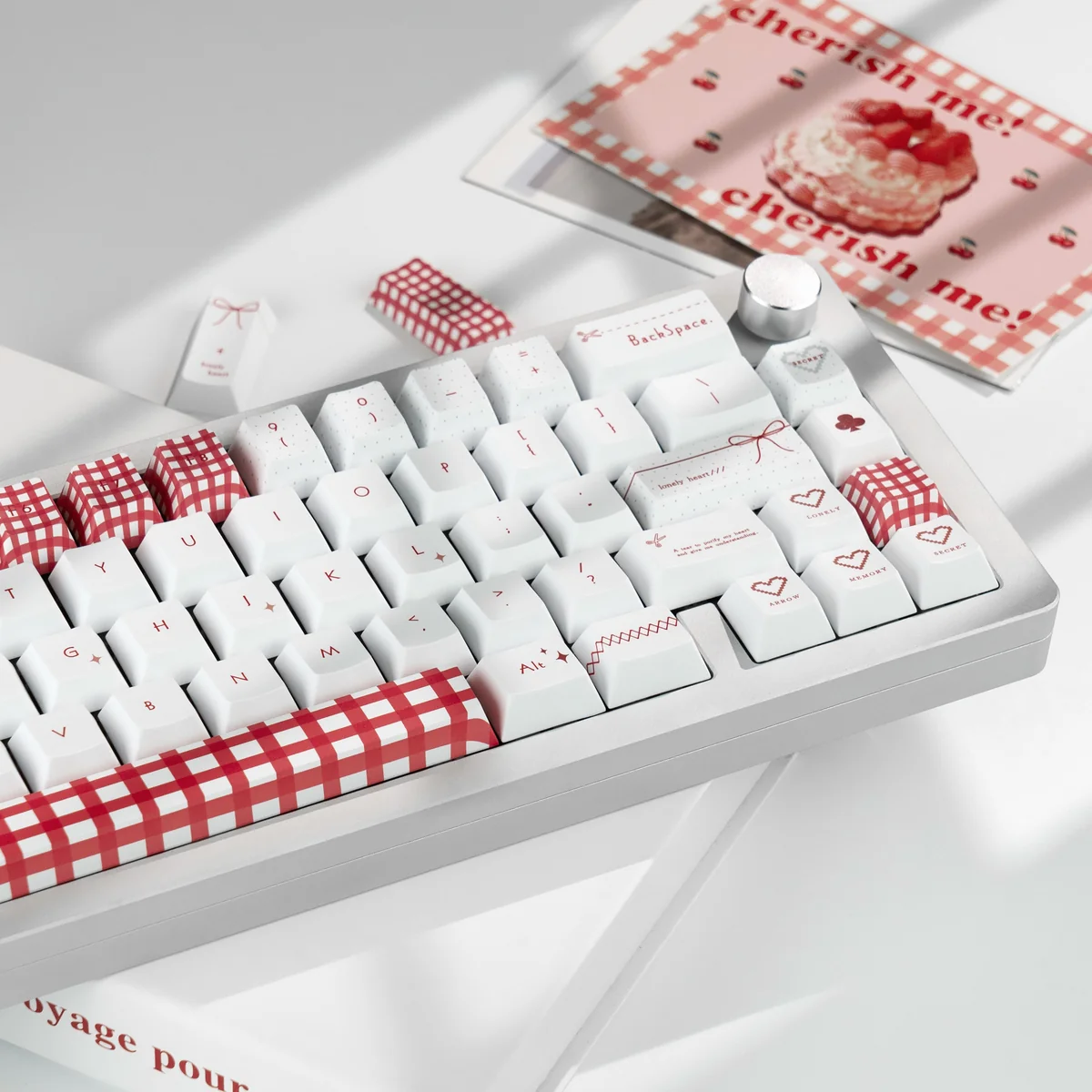 Detailed gallery views of the Sweet BoBo PBT dye-sub keycap set, showcasing its charming, bubbly pastel design and durable quality for playful keyboard.