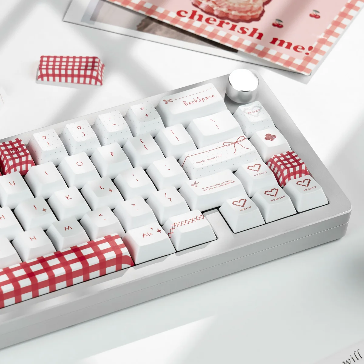 Close-up of Sweet BoBo PBT dye-sub keycaps set, showcasing their charming bubbly design and soft pastel colors for playful keyboard personalization.