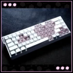 Sweet Cool Cat translucent PC MAO keycaps set shown from various angles, highlighting adorable cat motifs and vibrant clear aesthetic, perfect for RGB Keyboard.