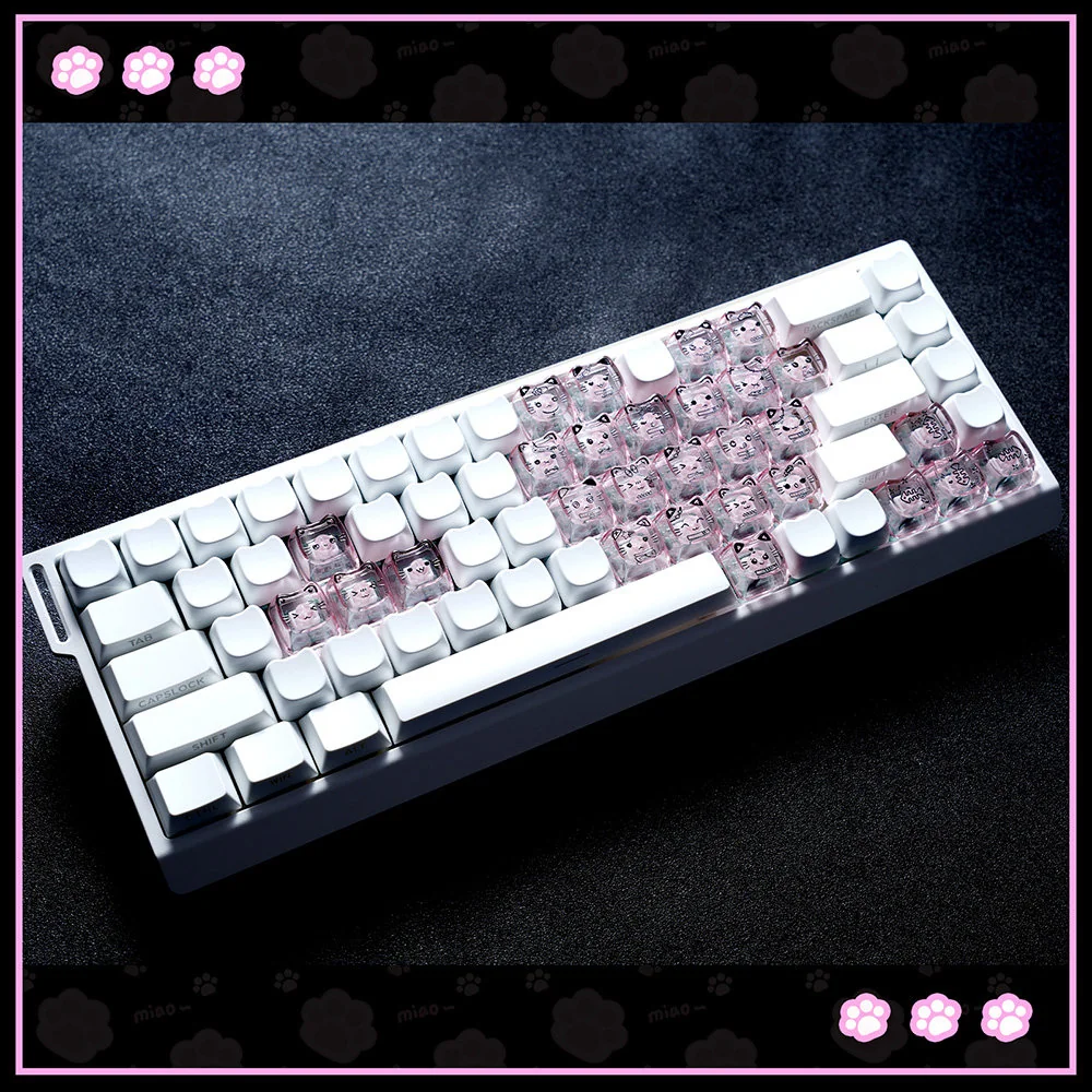 Sweet Cool Cat translucent PC MAO keycaps set shown from various angles, highlighting adorable cat motifs and vibrant clear aesthetic, perfect for RGB Keyboard.