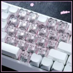 Multiple playful views of the Sweet Cool Cat translucent PC MAO keycaps set, showcasing adorable cat designs and their vibrant glow under RGB lighting.
