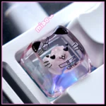 Sweet Cool Cat translucent PC MAO keycaps set, showcasing adorable cat motifs from multiple angles, glowing vibrantly on a keyboard.