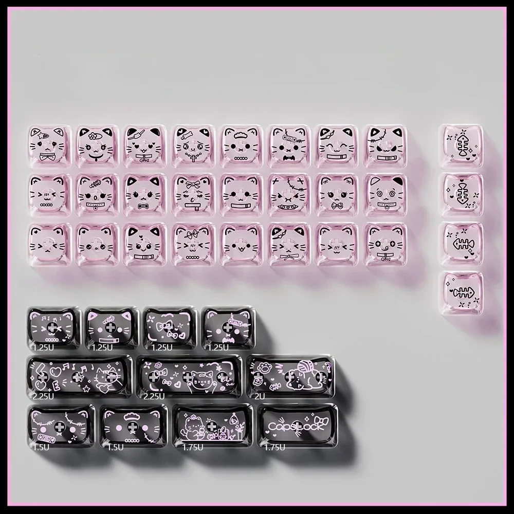 Sweet Cool Cat translucent PC MAO keycaps set on a mechanical keyboard, glowing with vibrant RGB. Adorable cat motifs create a playful aesthetic.