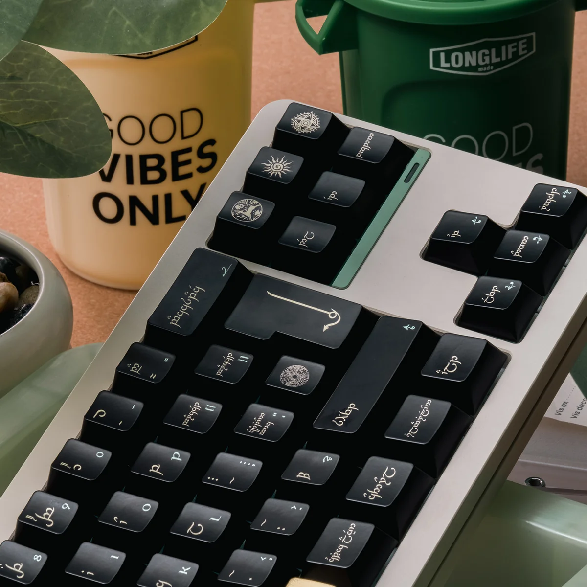 Explore the unique black-gold PBT keycaps set from various angles, revealing their luxurious finish and mythical elegance.