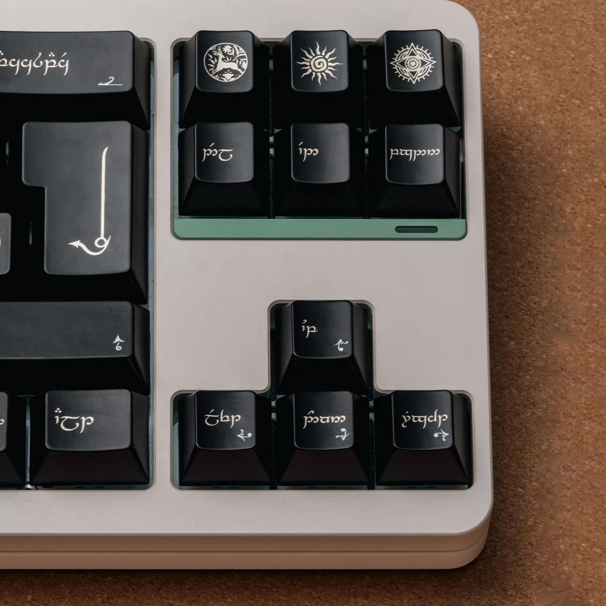Detailed gallery views of premium black-gold PBT keycaps set, highlighting their unique finish and mythical elegance from multiple angles.