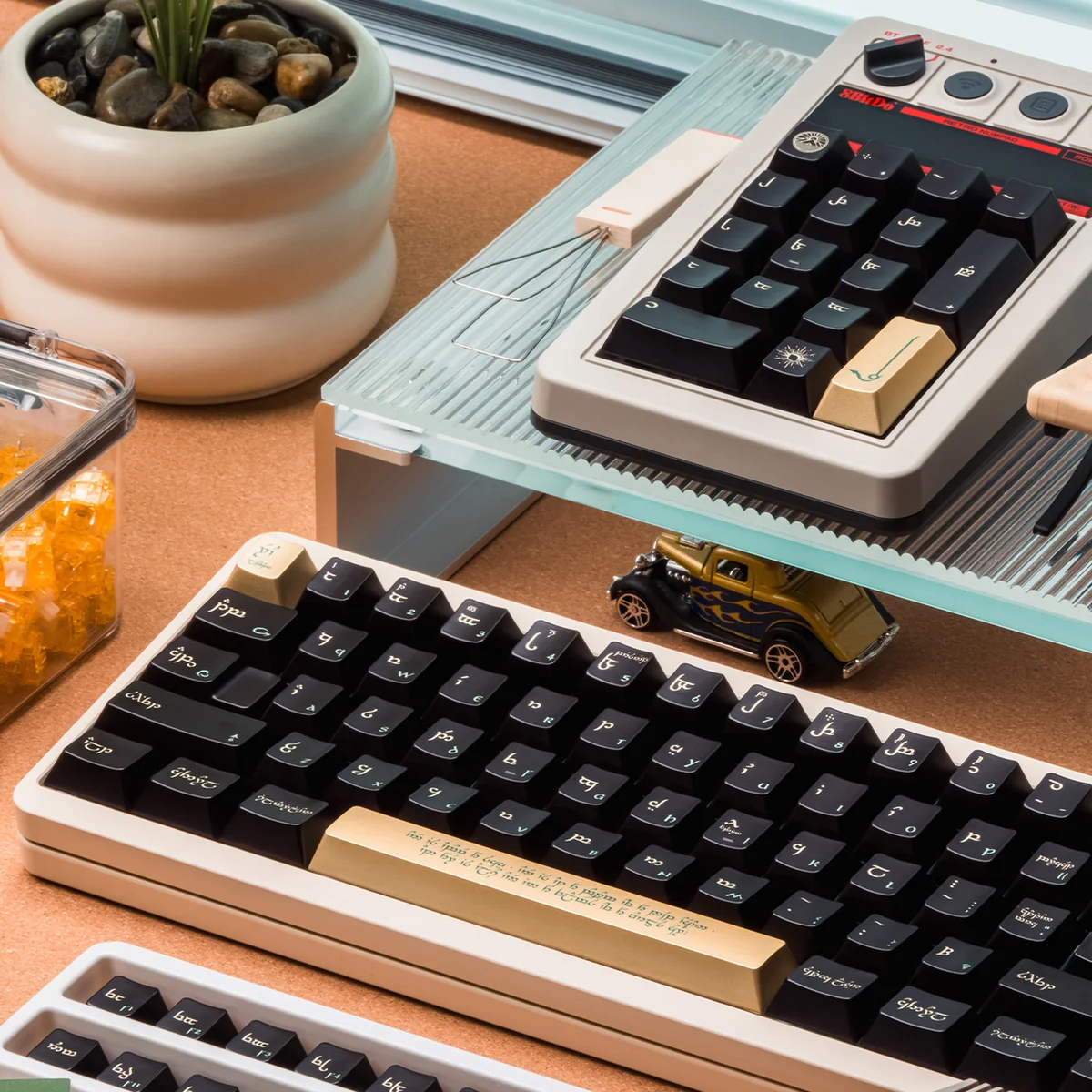 Main image of luxurious black-gold PBT keycaps set, highlighting their unique shimmering finish and mythical elegance.