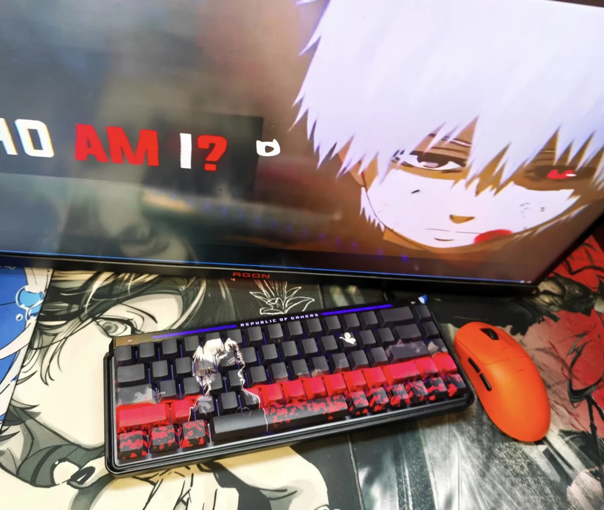 Exclusive Tokyo Ghoul Ken Kaneki PBT keycaps set from a distinct angle, highlighting their dark, mysterious side-lit legends and anime aesthetic.