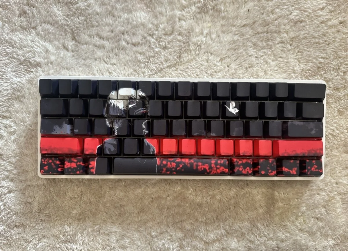 Exclusive Tokyo Ghoul Ken Kaneki side-lit PBT keycaps set, presented with a dark, mysterious anime aesthetic and subtle glowing legends, perfect for fans.