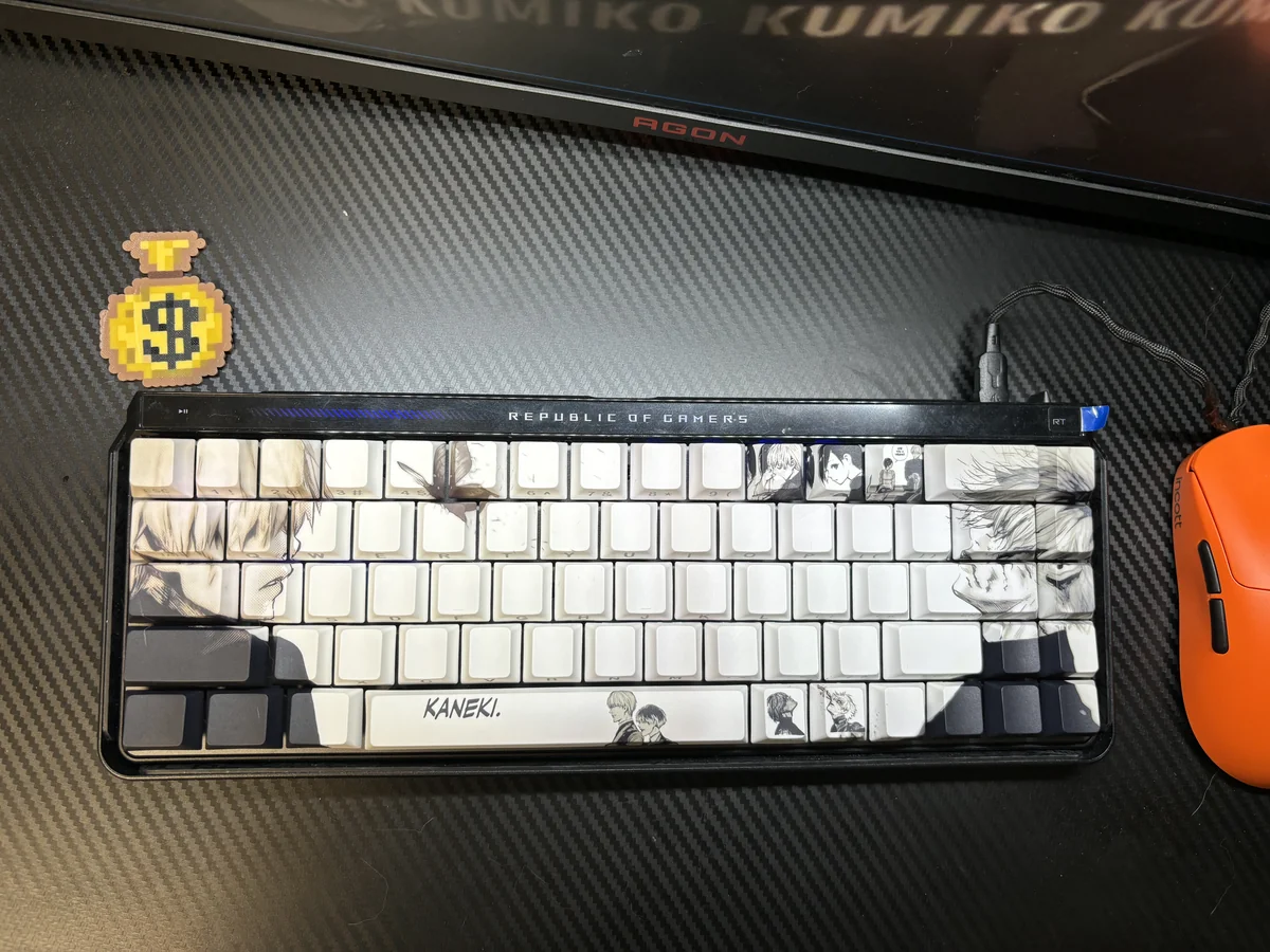 Dark, anime-inspired Tokyo Ghoul side-printed shine-through PBT keycaps set, beautifully illuminated and shown from multiple artistic angles.