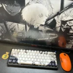 Artistic product gallery of Tokyo Ghoul side-printed shine-through PBT keycaps set, highlighting their dark anime designs and illuminated legends from multilple angle.