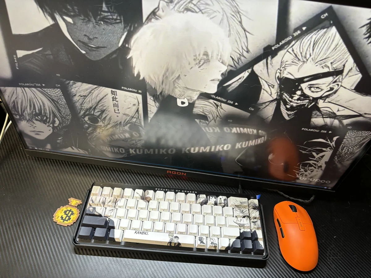 Artistic product gallery of Tokyo Ghoul side-printed shine-through PBT keycaps set, highlighting their dark anime designs and illuminated legends from multilple angle.