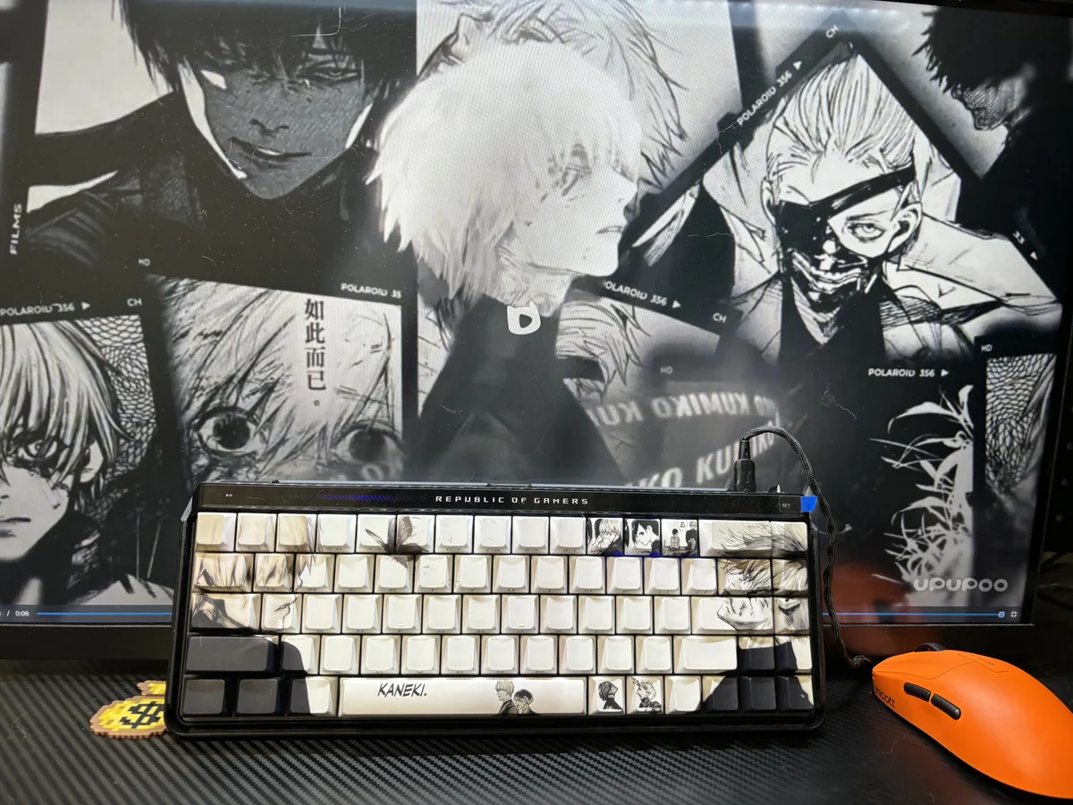 Artistic gallery view of Tokyo Ghoul side-printed shine-through PBT keycaps set, highlighting the dark aesthetic and illuminated anime legends from various angles.
