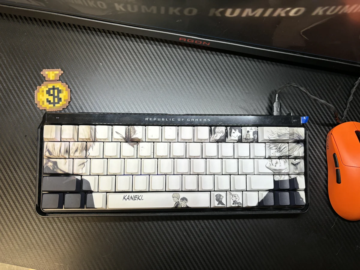 Dark, anime-inspired Tokyo Ghoul PBT keycaps set featuring unique side-printed, shine-through legends. Elevate your keyboard with this artistic design.