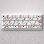 Vibrant Touhou Reimu Hakurei PBT dye-sub keycaps set, showcasing iconic anime art and durable quality from various angles in this detailed product gallery.