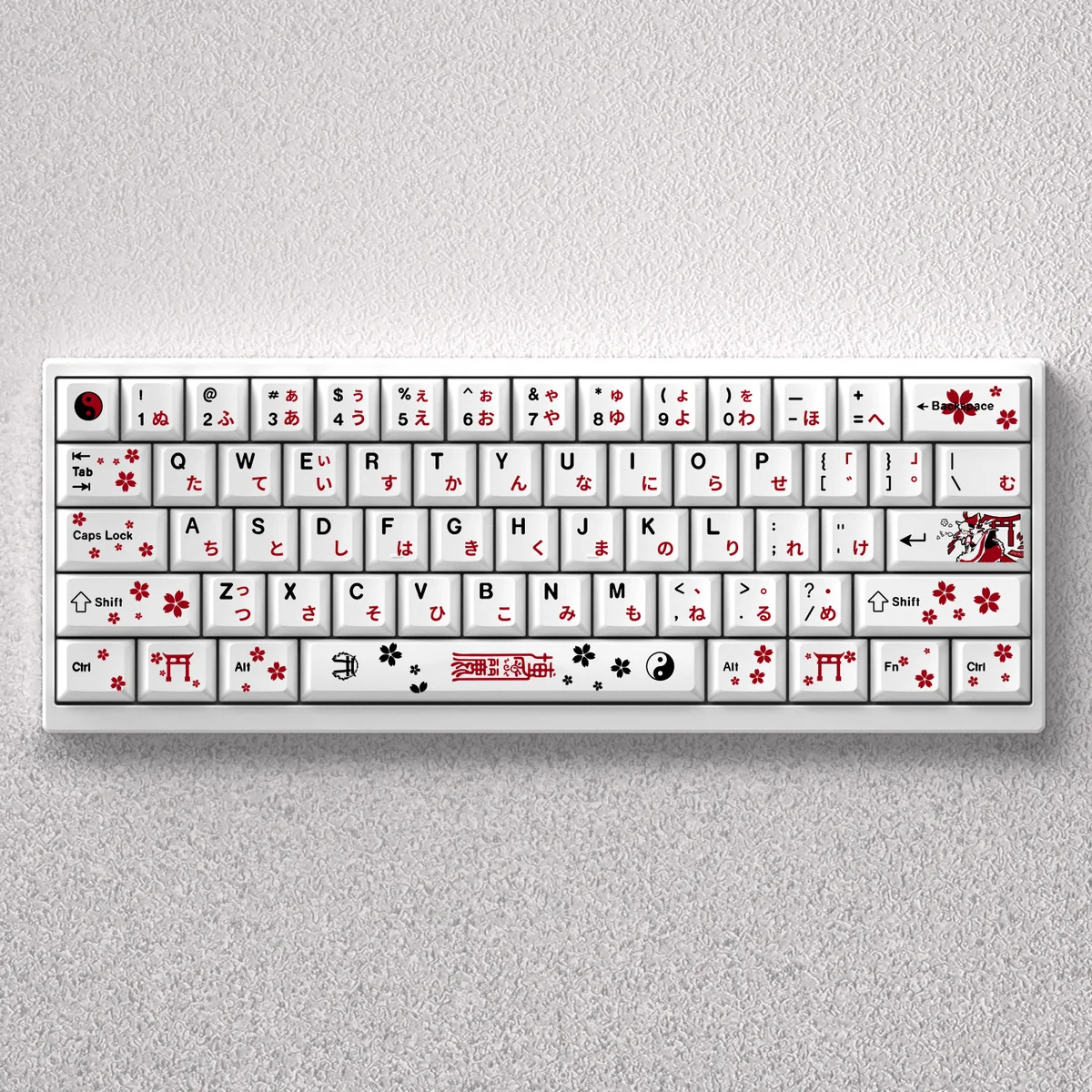 Vibrant Touhou Reimu Hakurei PBT dye-sub keycaps set, showcasing iconic anime art and durable quality from various angles in this detailed product gallery.