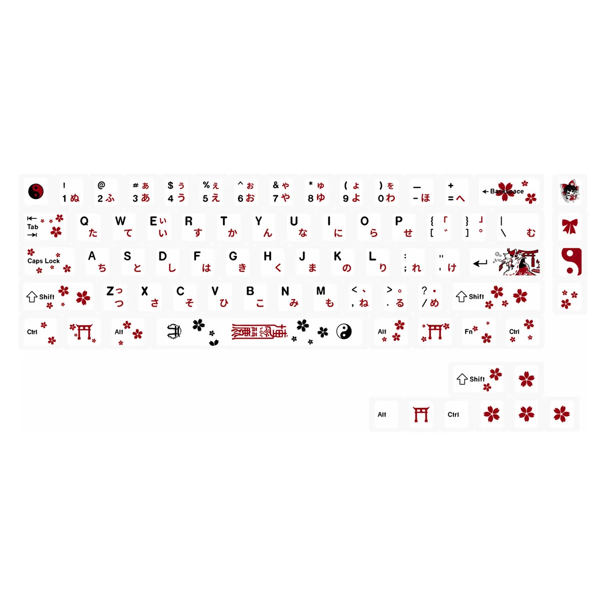 Discover the artistic Touhou Reimu Hakurei PBT dye-sub keycaps set through a gallery of vibrant anime art, showcasing iconic designs from every angle.
