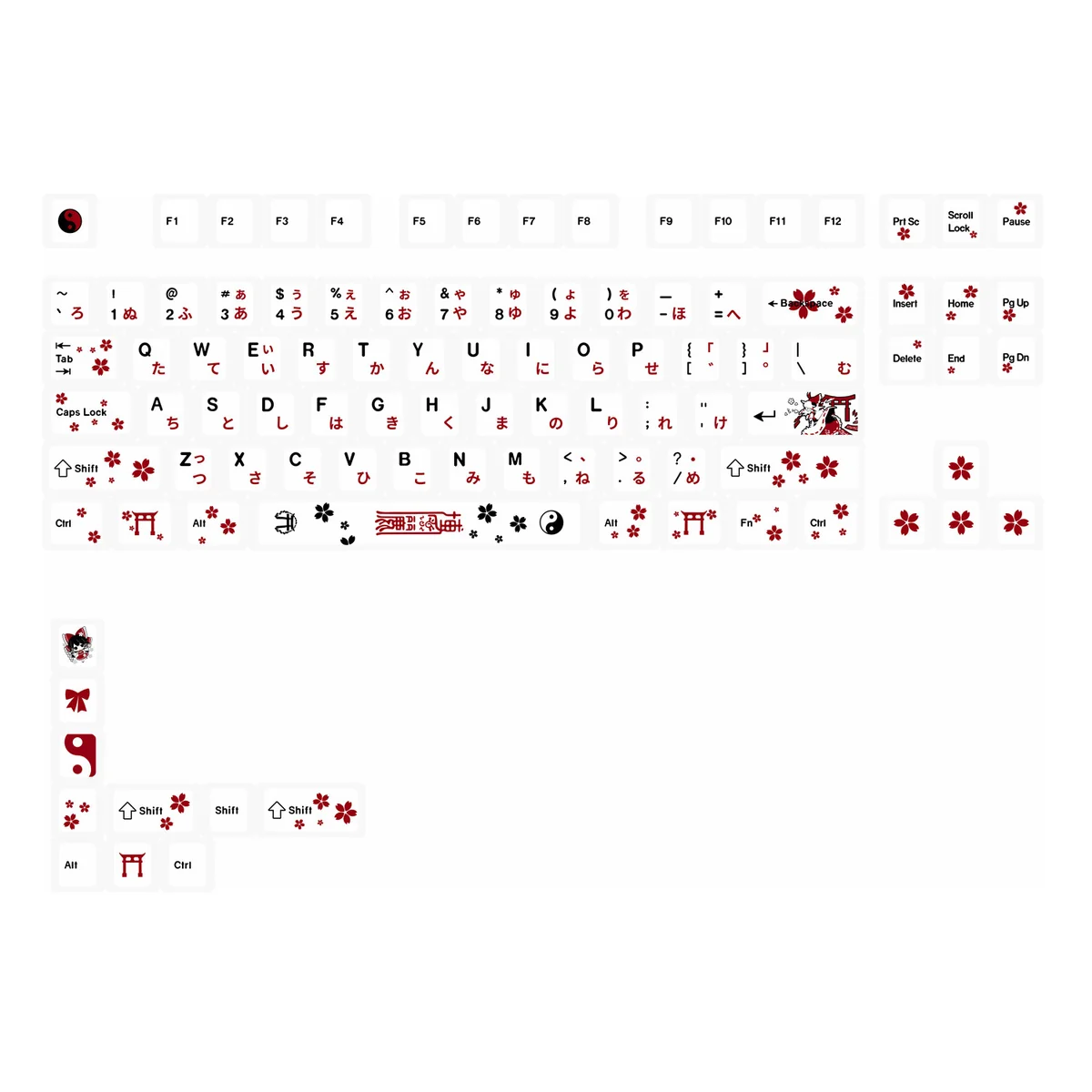 Vibrant Touhou Reimu Hakurei PBT Dye-Sub Keycap Set, displayed from multiple artistic angles, highlighting iconic anime art of Reimu and the durable material.