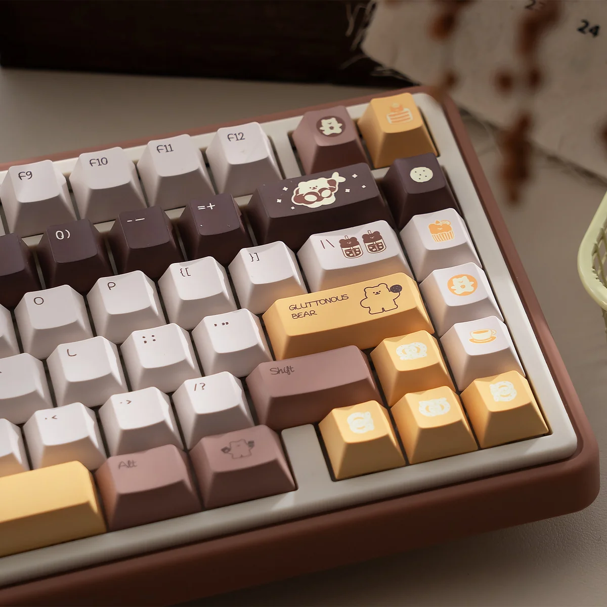 A playful gallery of the Butter Bear tri-mode mechanical keyboard, showcasing its charming design and vibrant RGB backlighting design.