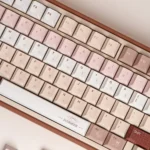 UR82 Caramel Isle tri-mode mechanical keyboard from various angles, highlighting its cute milk brown and caramel keys for quiet, playful typing.