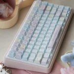 A playful Cute Puppy Tri-Mode Mechanical Keyboard, shown from multiple angles, highlighting its pastel puppy keycaps, soft color palette.